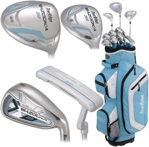 golf clubs and light blue case