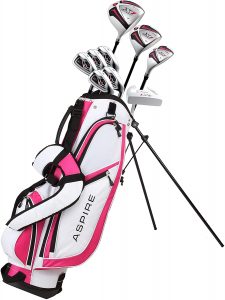 pink and white Aspire golf club bag with clubs